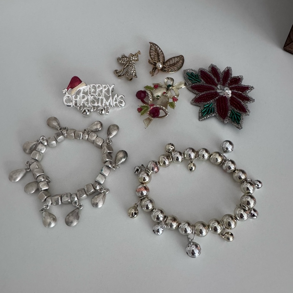 Silver Bracelets & 5 Christmas Brooches Jewelry Lot